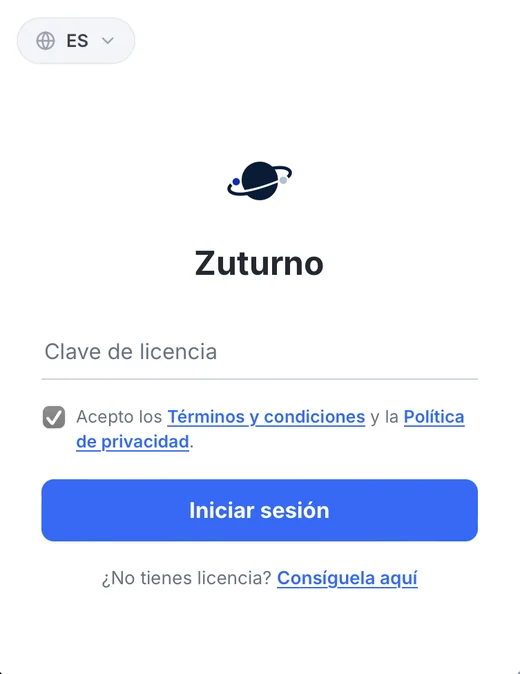 Pantalla de licencia de Zuturno en Mac