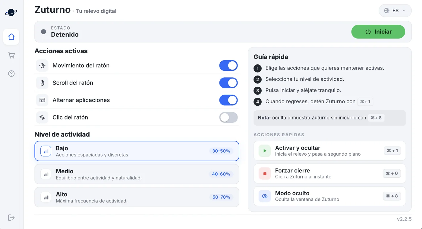 Ventana principal de Zuturno en Mac: acciones activas, nivel de actividad y acciones rápidas