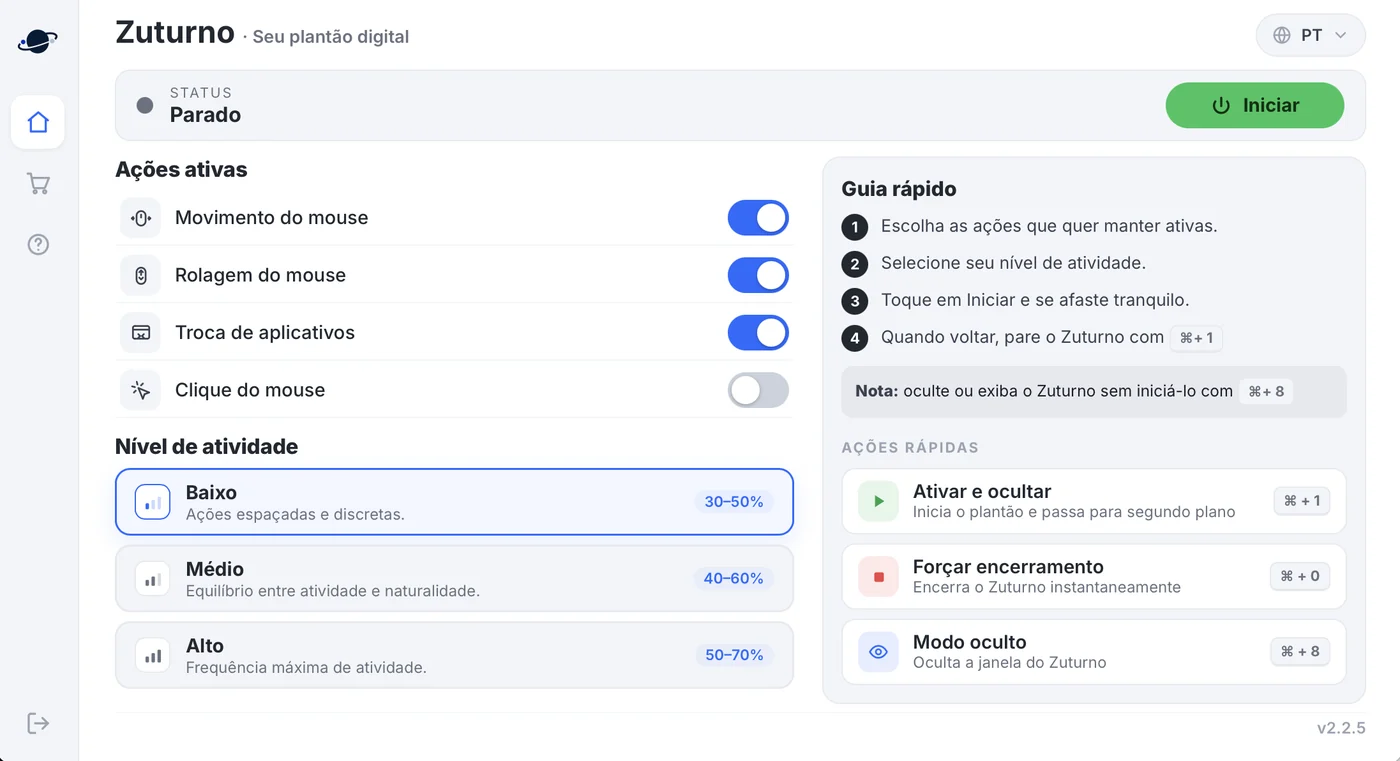 Janela principal do Zuturno no Mac: ações ativas, nível de atividade e ações rápidas