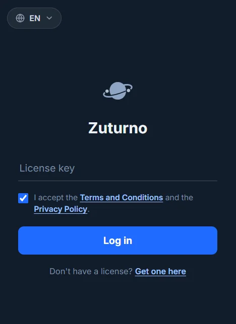 Zuturno license screen on Windows