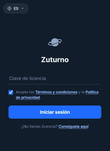 Pantalla de licencia de Zuturno en Windows