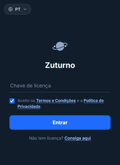Tela de licença do Zuturno no Windows