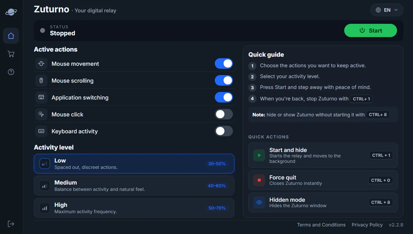 Zuturno main window on Windows: active actions, activity level and quick actions