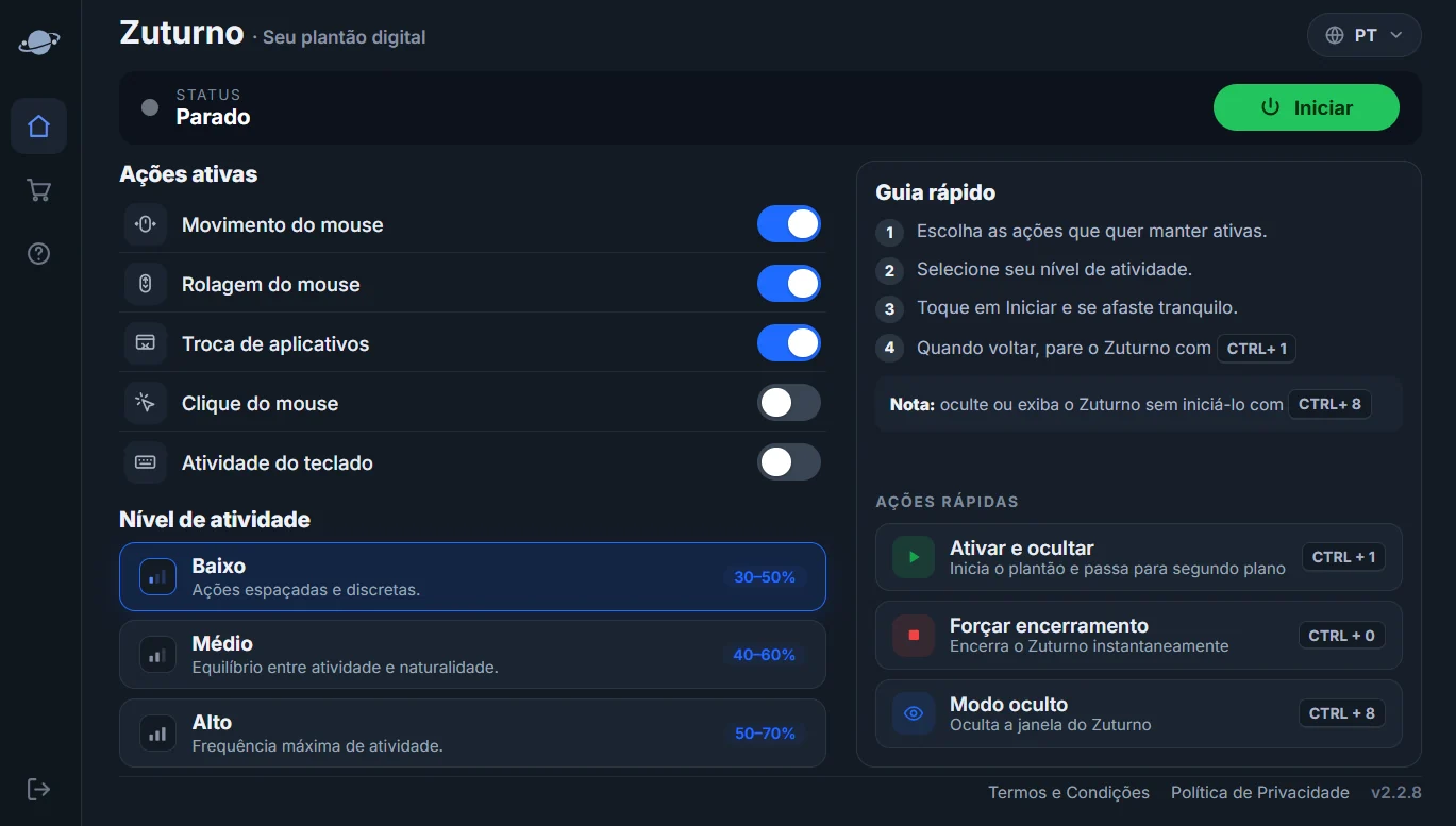 Janela principal do Zuturno no Windows: ações ativas, nível de atividade e ações rápidas